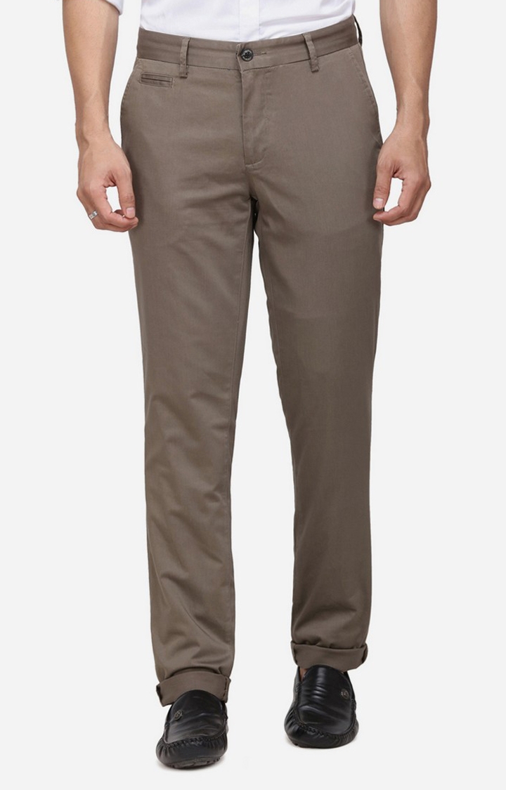 Men's Beige Cotton Blend Solid Formal Trousers