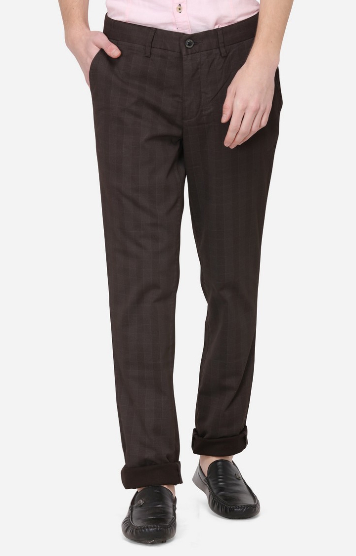 JBCT114/1,BROWN CHEX Men's Brown Cotton Blend Checked Formal Trousers