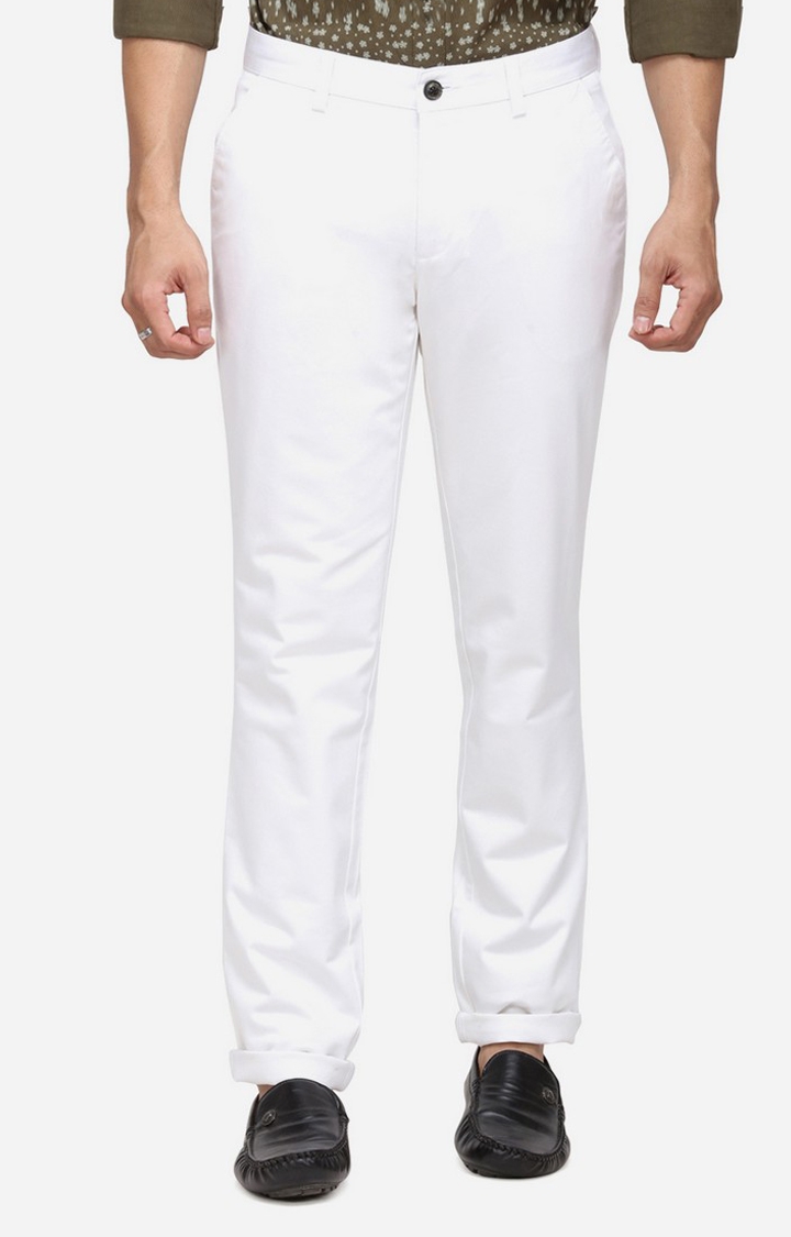 Men's White Cotton Blend Solid Formal Trousers