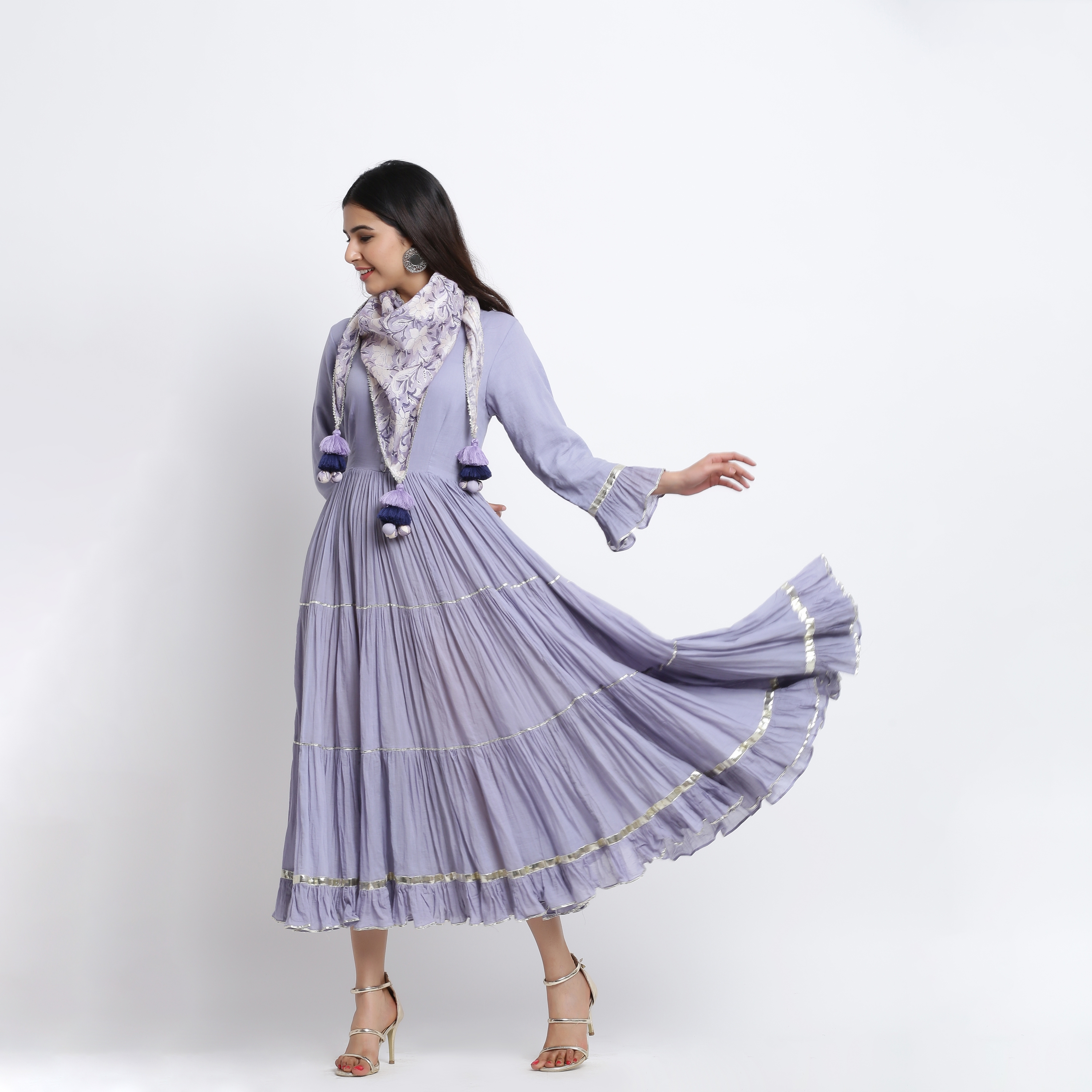 Lavendar long cotton tiered dress with printed scraf