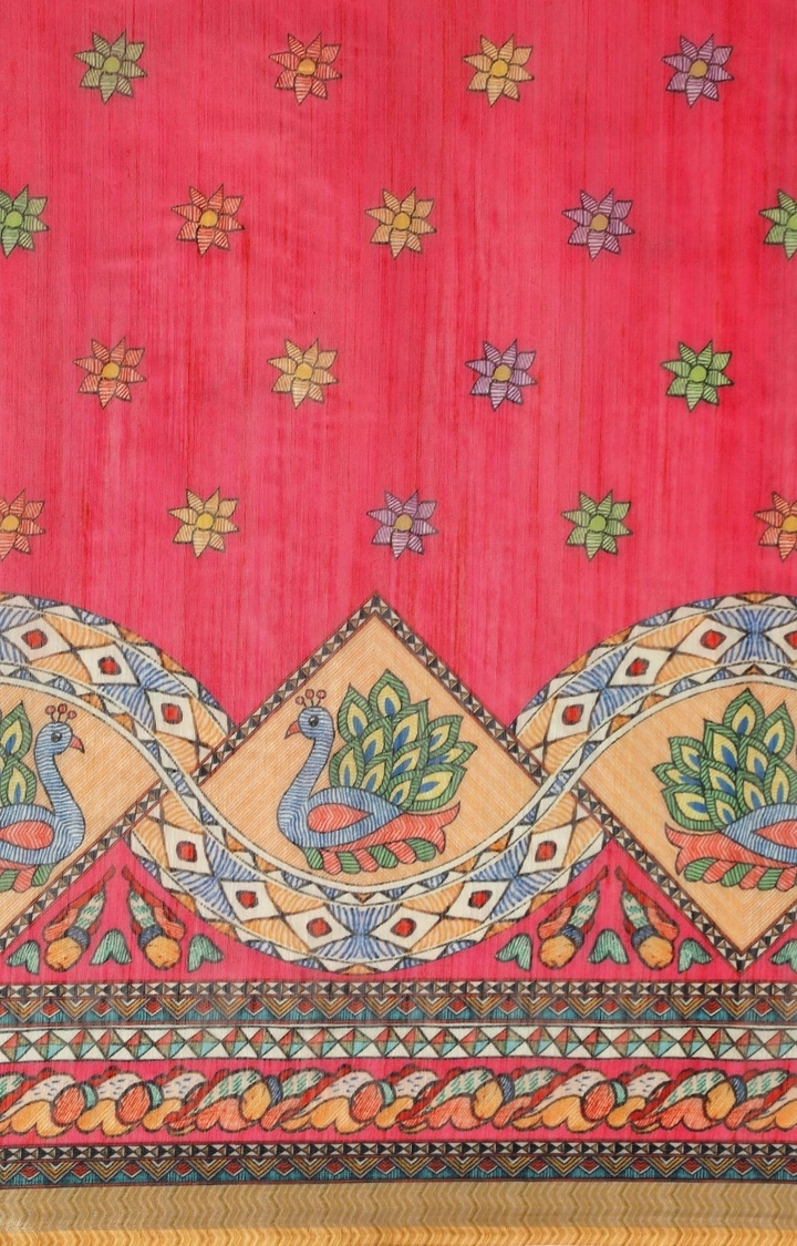 VASTRANAND  Pink & Beige Linen Blend Printed Madhubani Saree