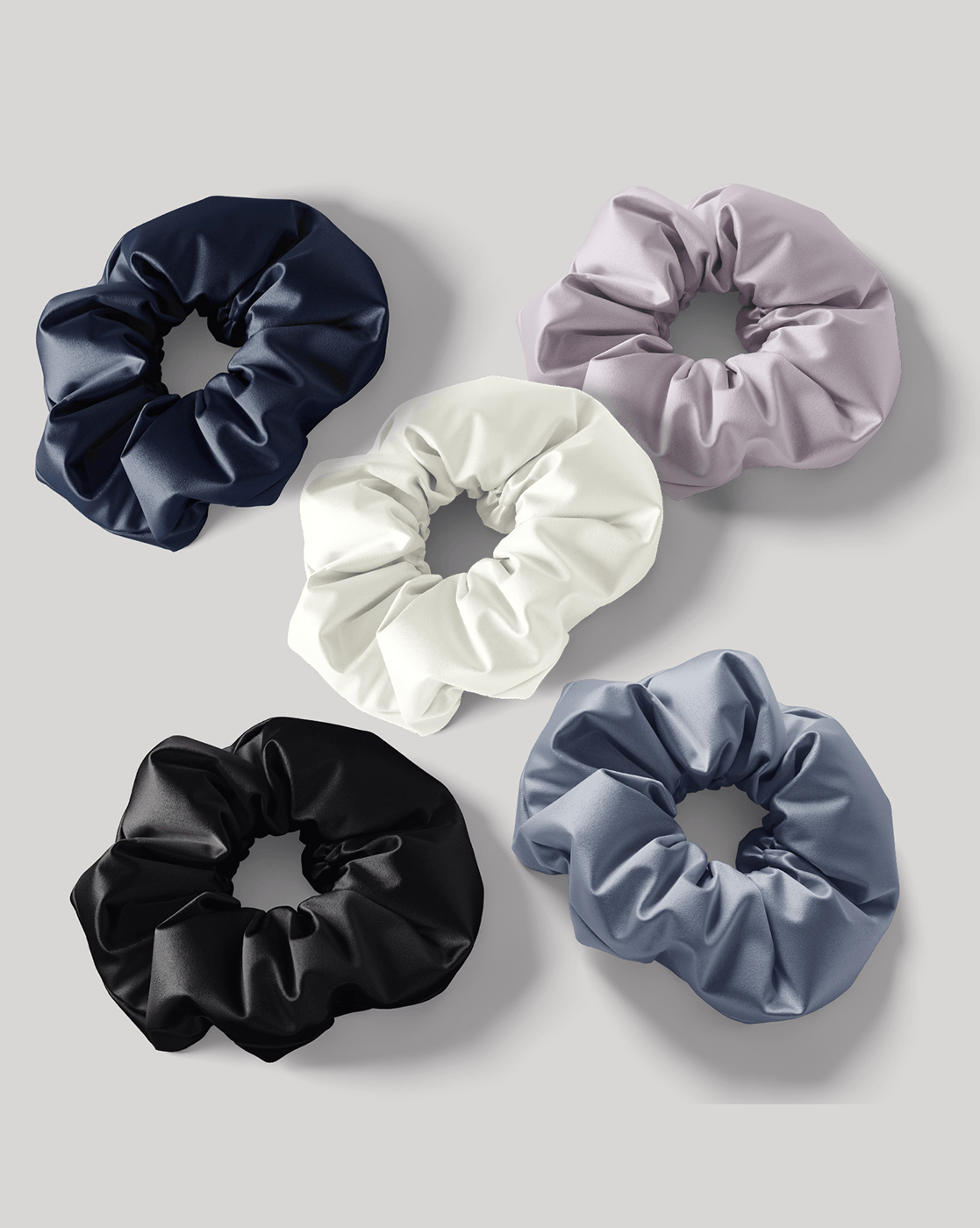 Mueras | Solid Satin Regular Scrunchies Pack of 5 Ivory White, French Lavender, Magnetic Blue, Navy Blue and Black