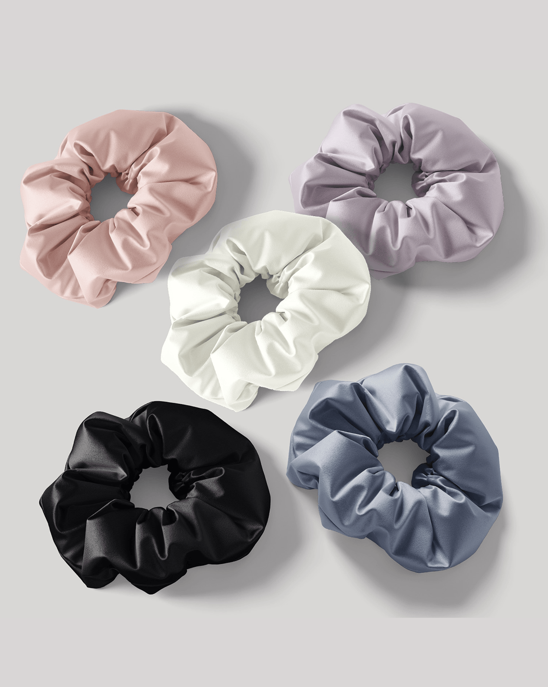 Mueras | Solid Satin Regular Scrunchies Pack of 5 Ivory White, RoseGold, French Lavender, Magnetic Blue and Black