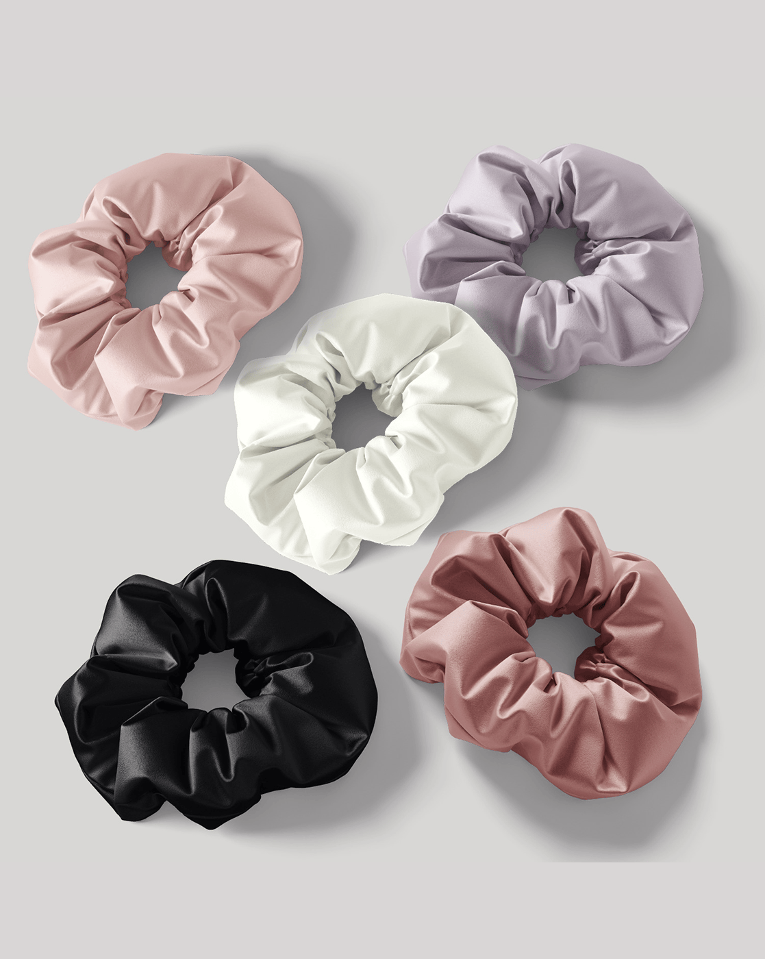 Mueras | Solid Satin Regular Scrunchies Pack of 5 Ivory White, RoseGold, Dust Rose, French Lavender and Black