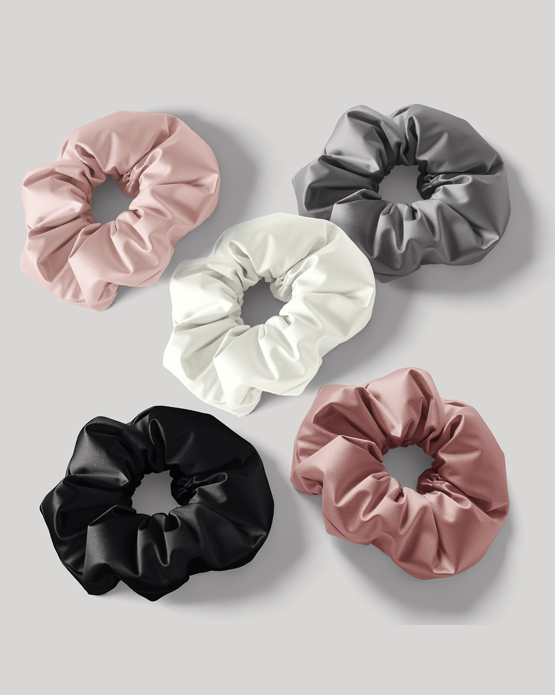 Mueras | Solid Satin Regular Scrunchies Pack of 5 Ivory White, RoseGold, Dust Rose, Grey and Black