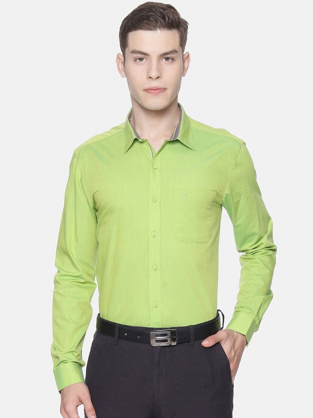 Ramraj | RAMRAJ COTTON Men Green Smart Slim Fit Solid Formal Shirt