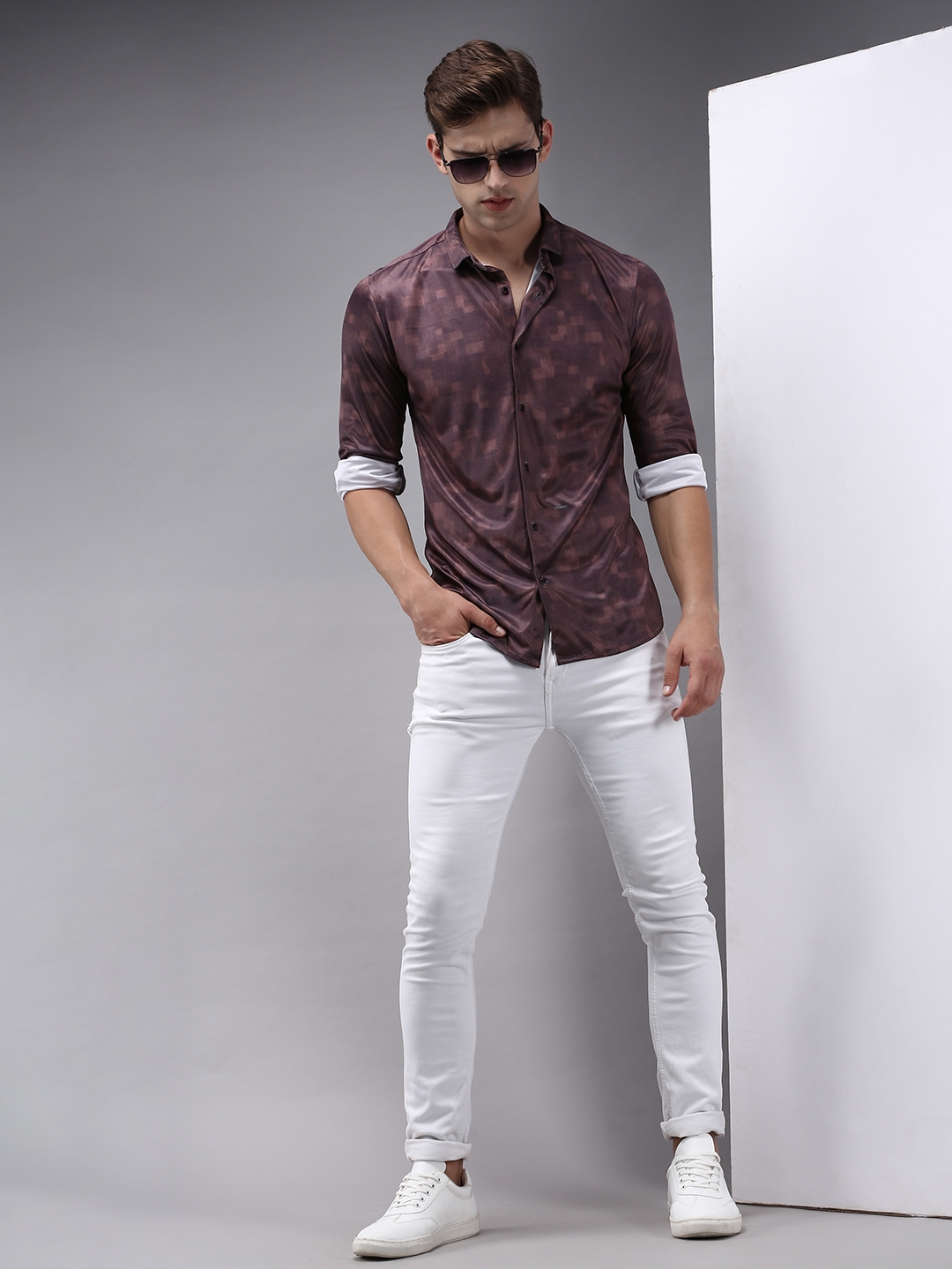 Men's Brown Polyester Printed Casual Shirts
