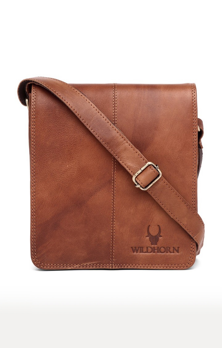 WildHorn Genuine Leather Tan Messenger Bag for Men 