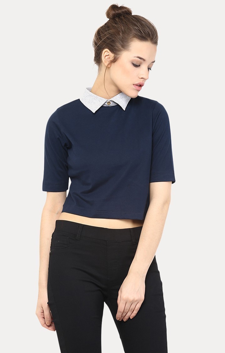 MISS CHASE | Blue Solid Crop Top