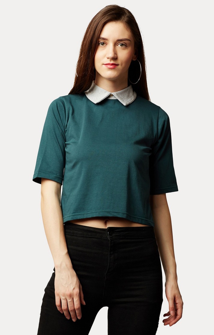 MISS CHASE | Green Solid Crop Top