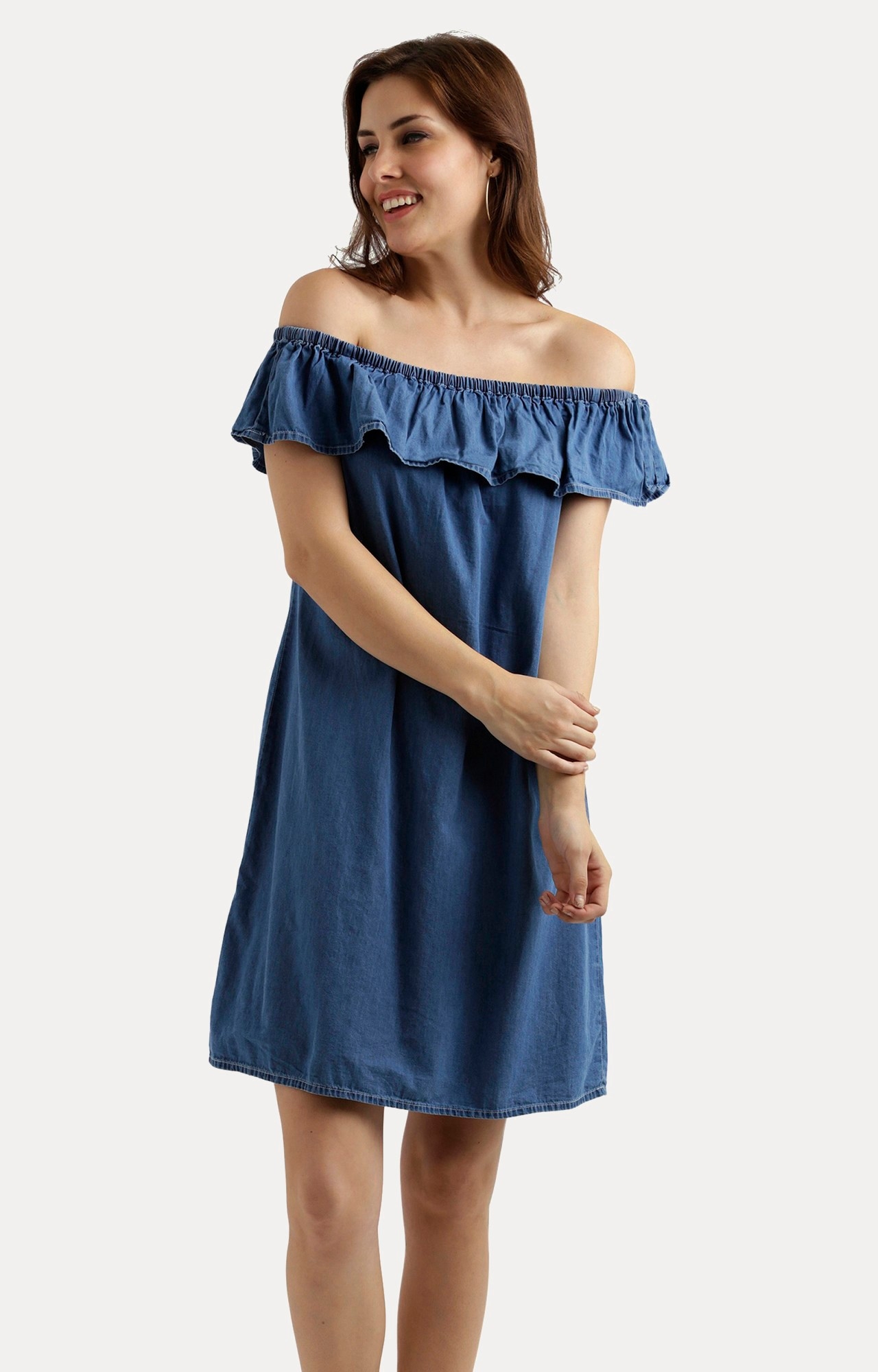 MISS CHASE | Blue Solid Off Shoulder Dress