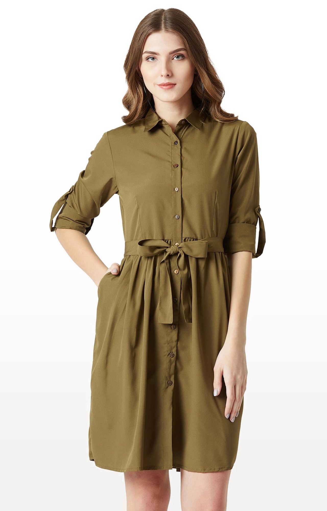 MISS CHASE | Green Solid Shirt Dress