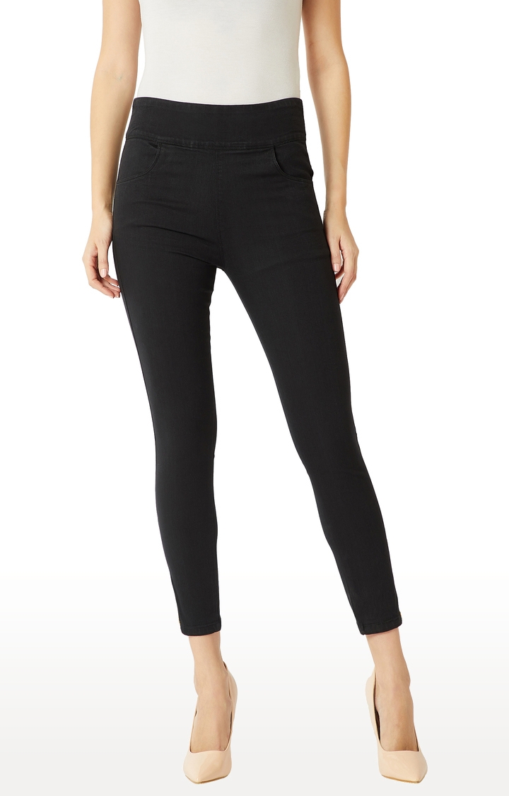 MISS CHASE | Black Solid High Rise Zipper Detailing Stretchable Jeggings