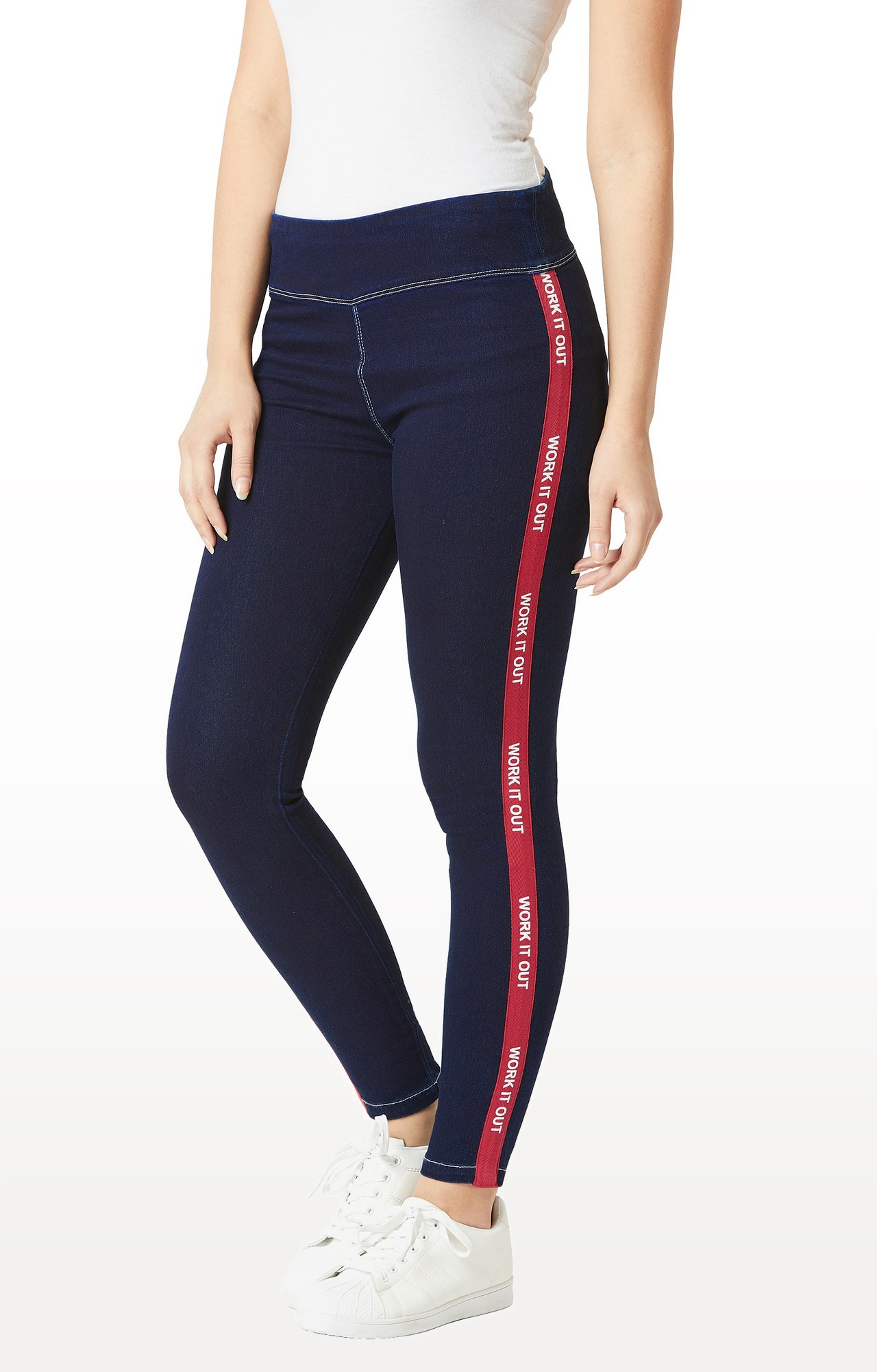 MISS CHASE | Navy Solid High Rise Clean Look Regular Length Twill Tape Detailing Stretchable Denim Jeggings