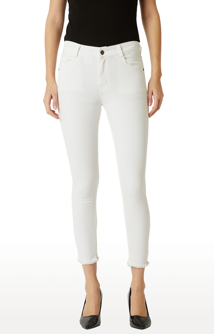 MISS CHASE | White Solid Cropped Stretchable Jeans