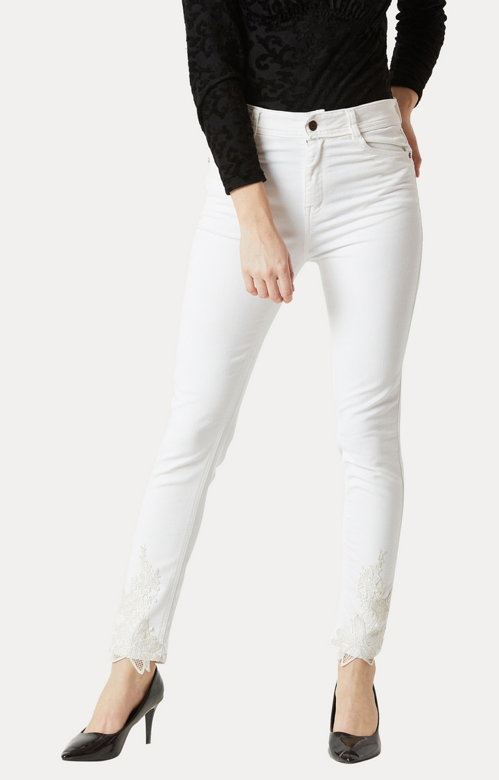 MISS CHASE | White Clean Look Lace Detailing Stretchable Jeans