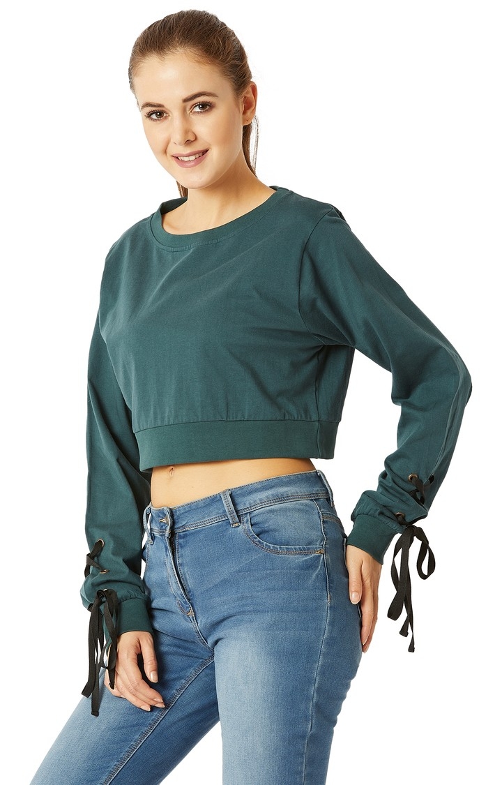 MISS CHASE | Green Solid Crop Top