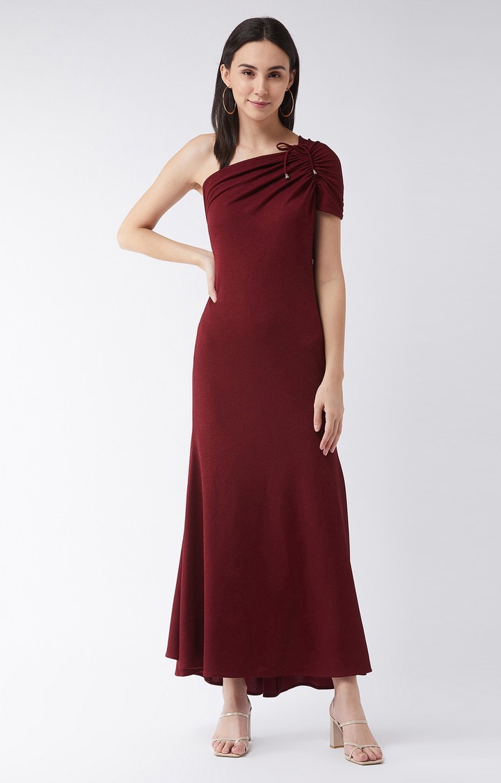 Women's Red Polyester Solid Dresses 