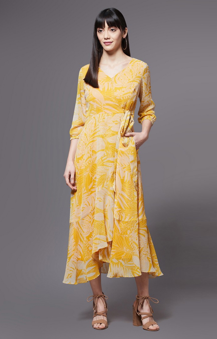 Women's Yellow Polyester Floral Dresses 