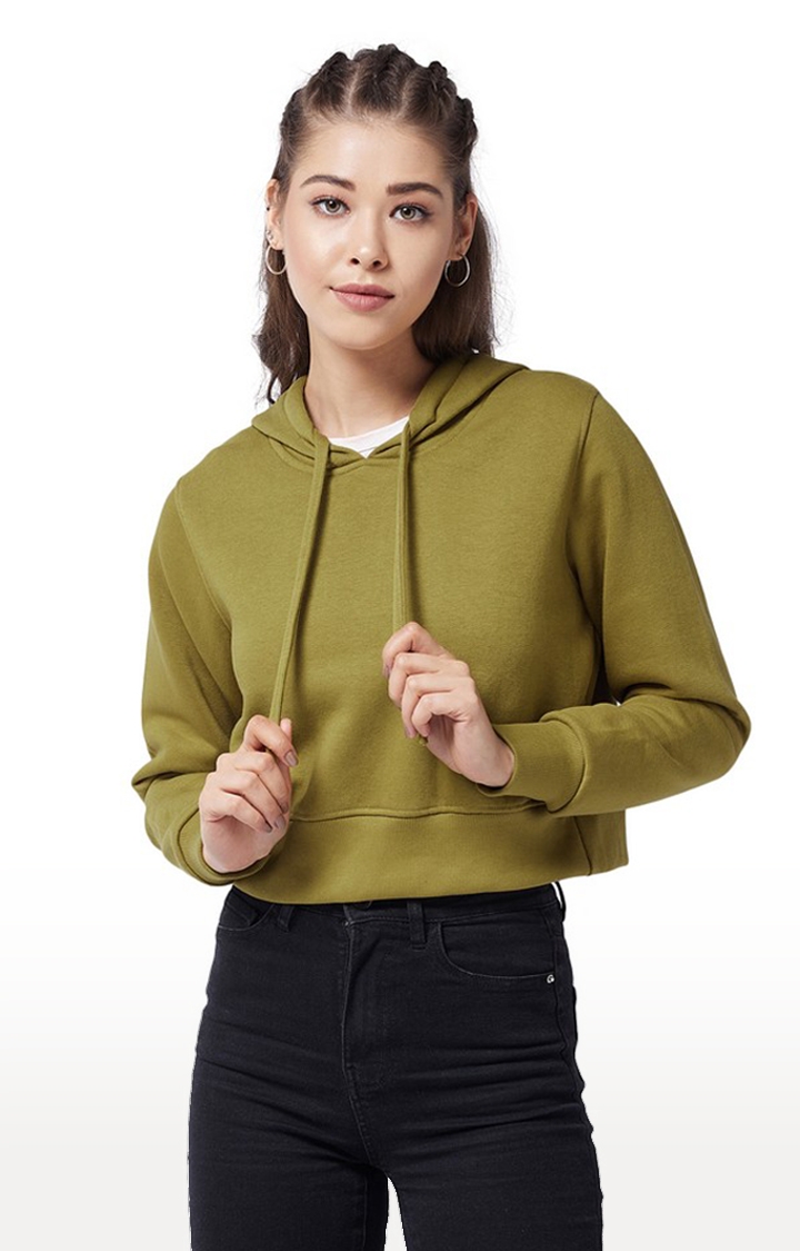 Women's Olive Round Neck Full Sleeve Solid Hooded Crop Sweatshirt