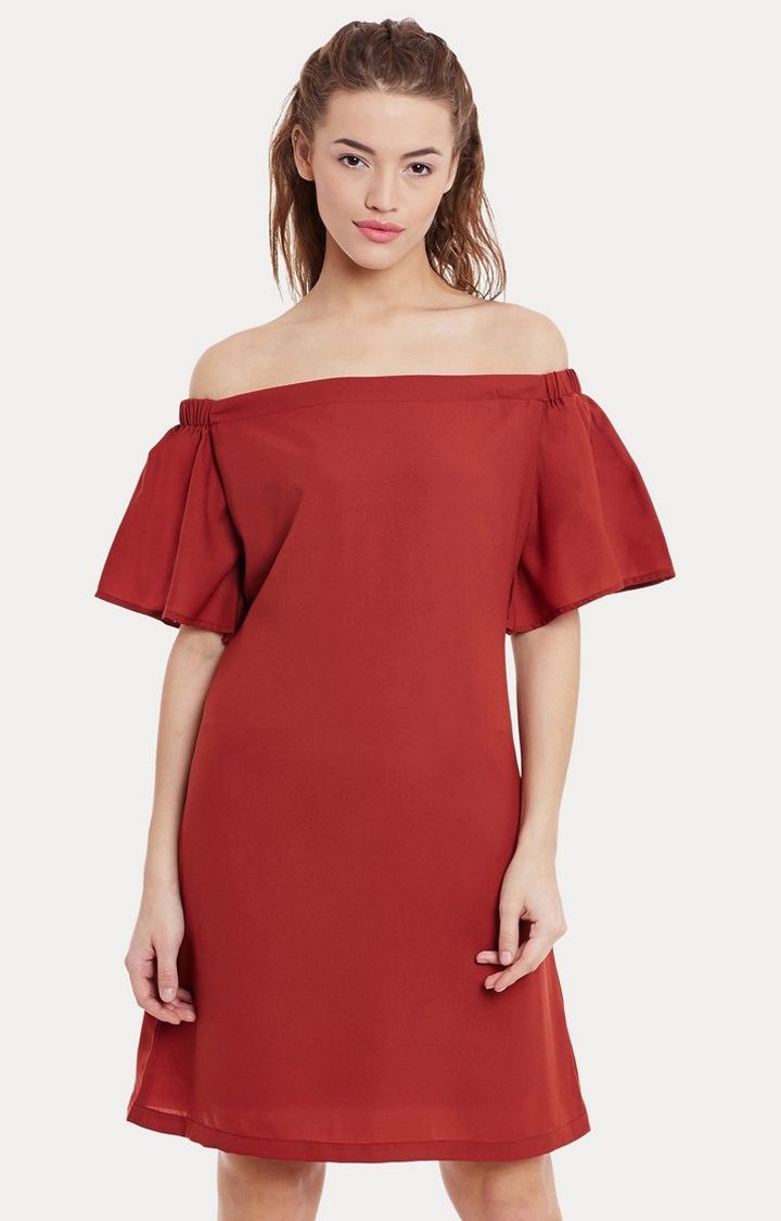 MISS CHASE | Red Solid Off Shoulder Dress