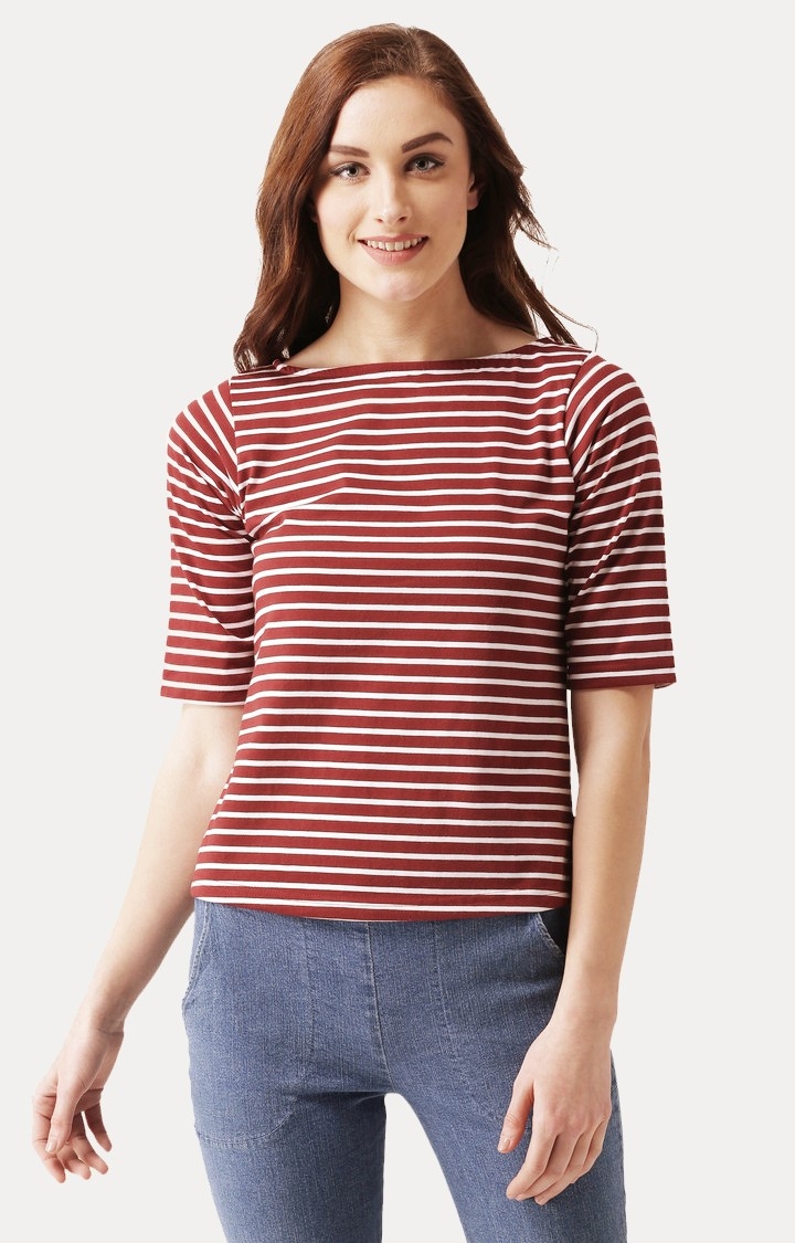 MISS CHASE | Red and White Solid Blouson Top