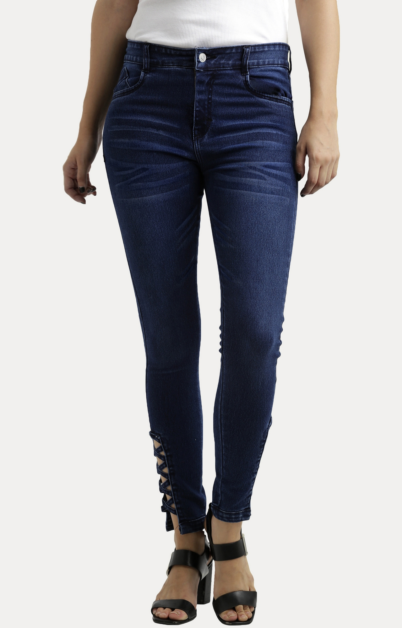MISS CHASE | Navy Blue Criss Cross Stretchable Jeans