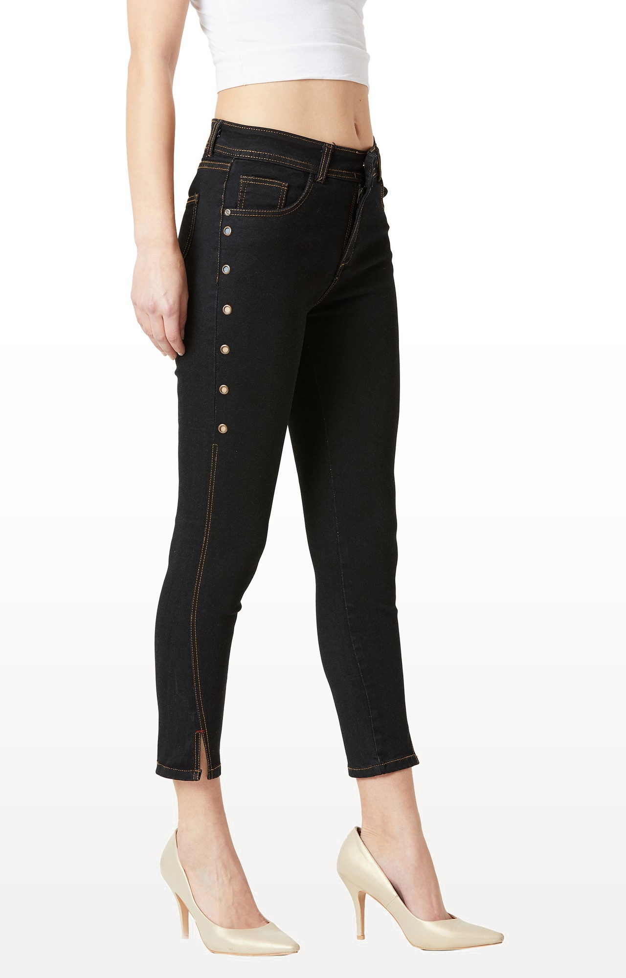 MISS CHASE | Black Solid High Rise Side Slit Eyelet Embellished Length Stretchable Cropped Jeans
