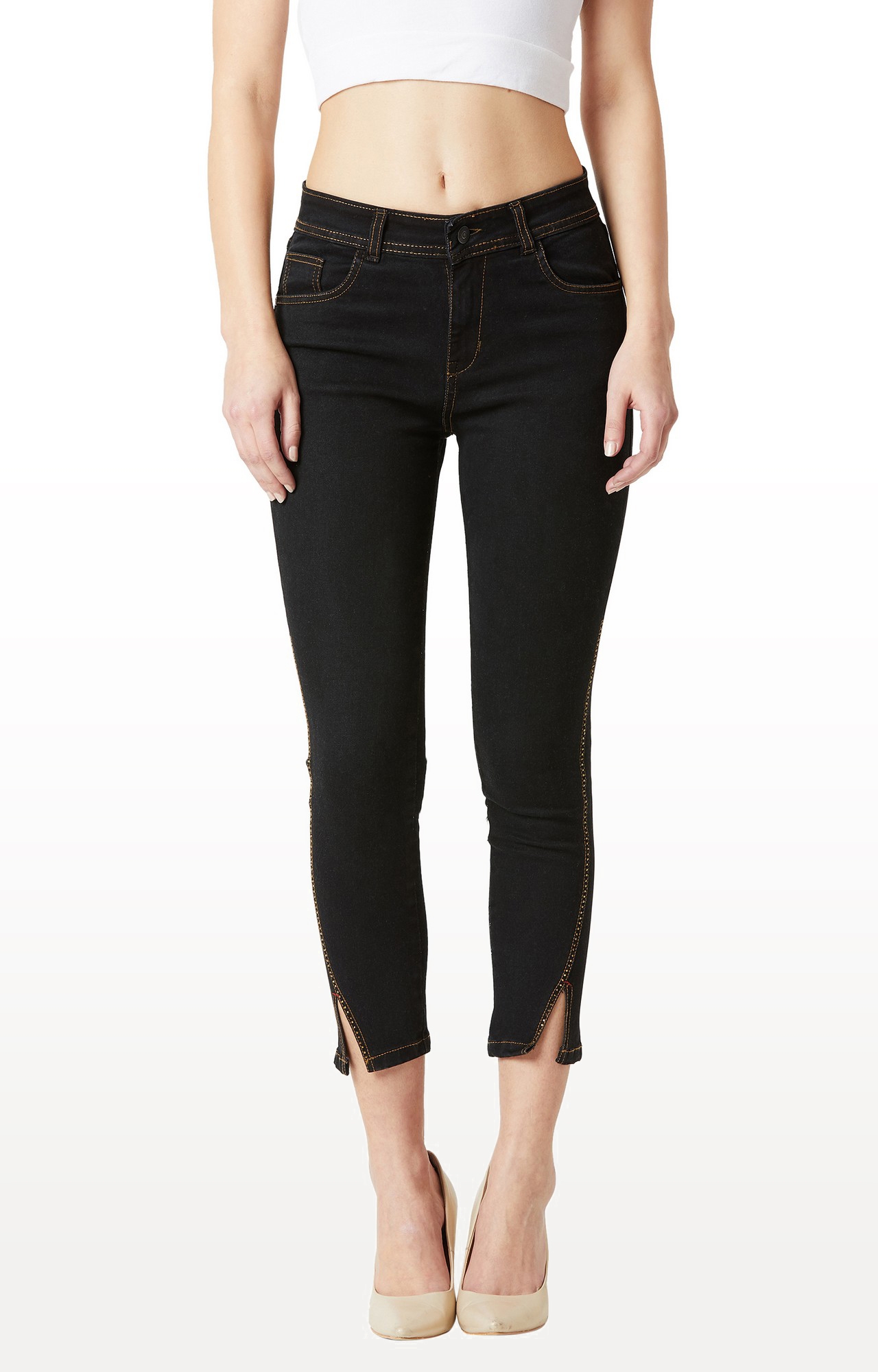 MISS CHASE | Black Solid Embellished High Rise Side Slit Length Stretchable Cropped Jeans