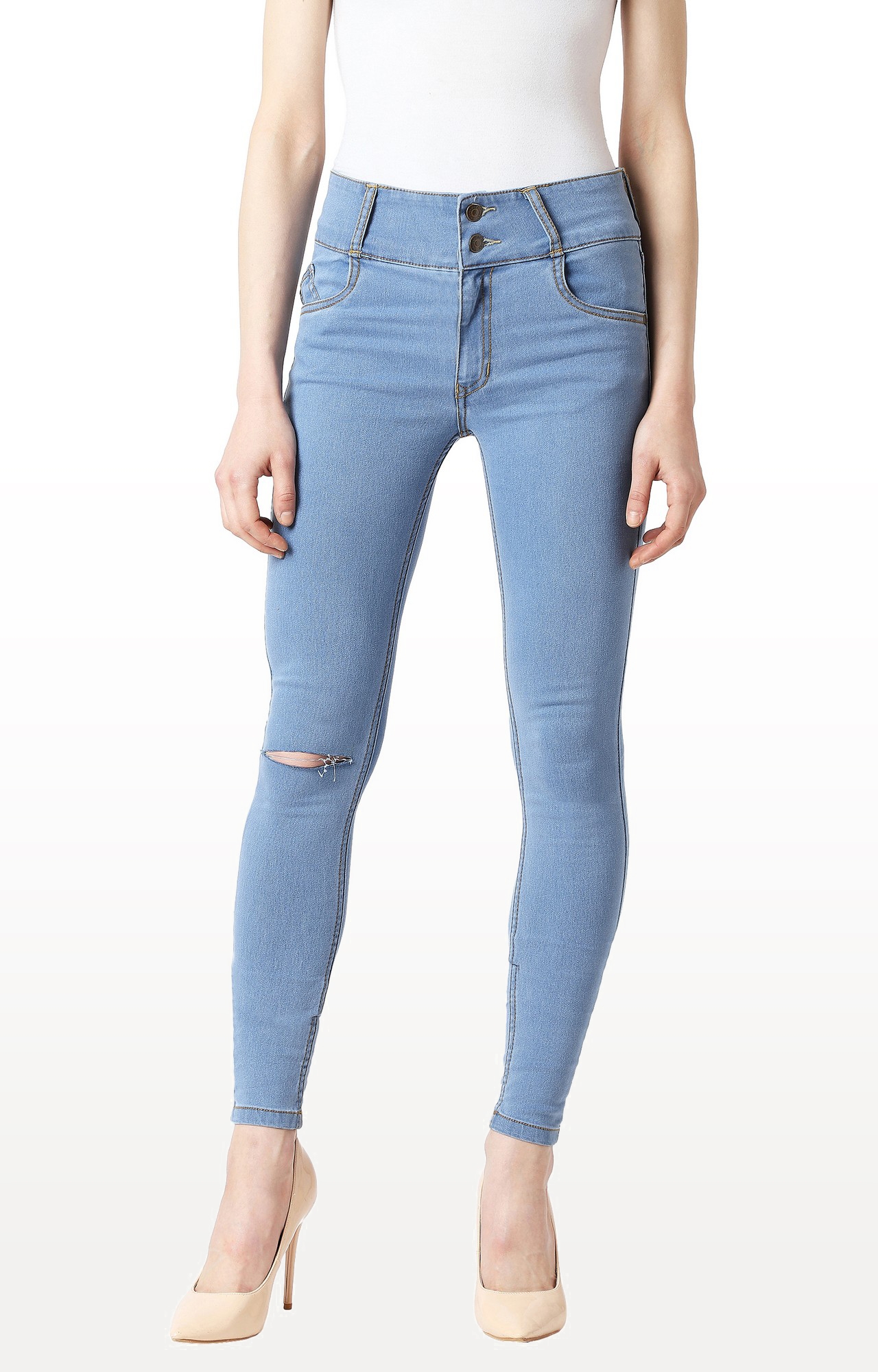 MISS CHASE | Blue Solid High Rise Clean Look Knee Slit Broad Waistband Jeans