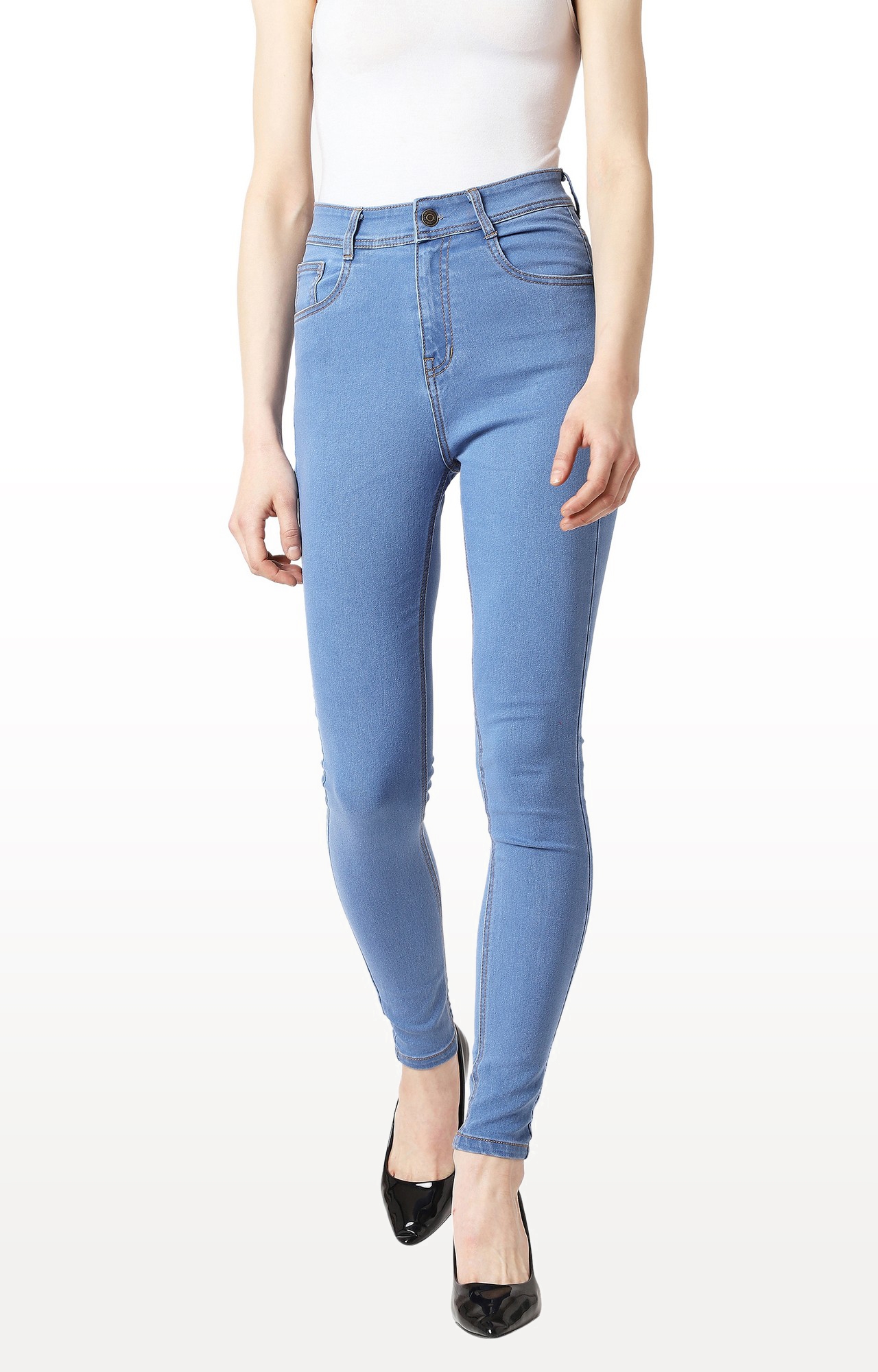 MISS CHASE | Blue Solid High Rise Distressed Jeans