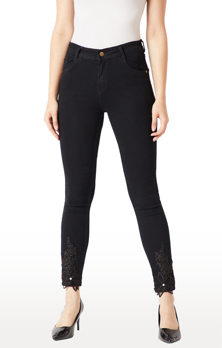 MISS CHASE | Black Embroidered Skinny Fit Cropped Jeans