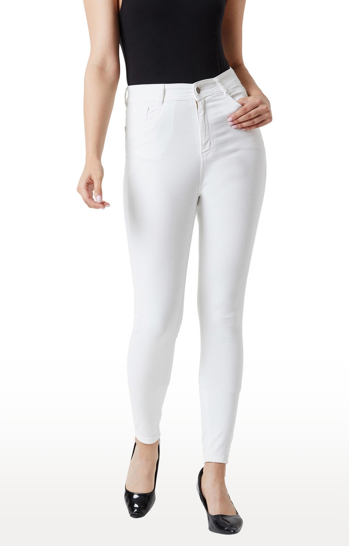 MISS CHASE | White Solid Skinny Fit High Rise Bleached Jeans