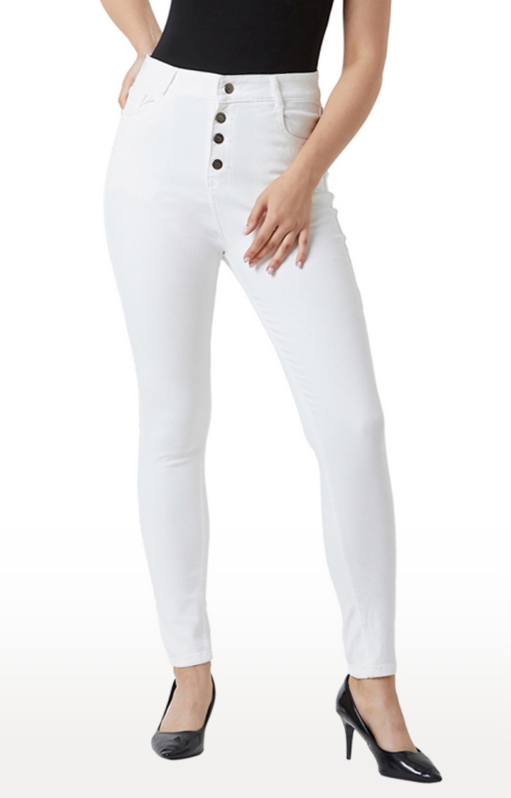 MISS CHASE | White Solid Skinny Fit High Rise Stretchable Jeans