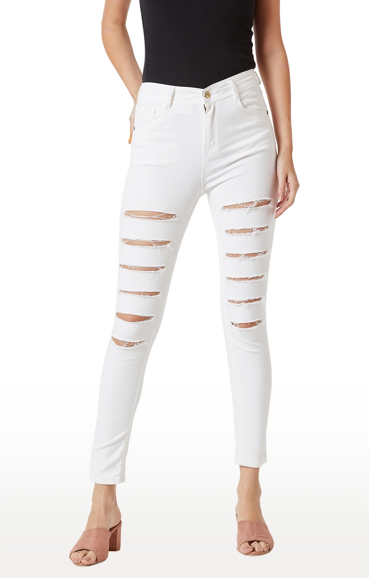 MISS CHASE | White Ripped Skinny Fit High Rise Stretchable Jeans