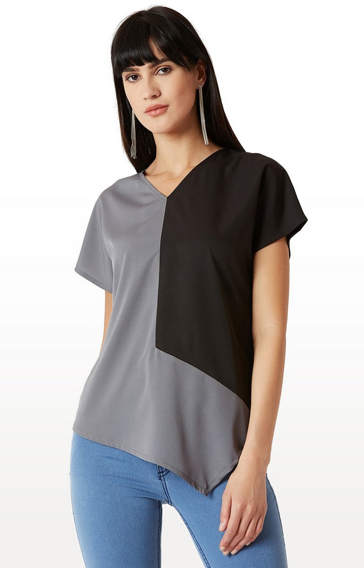 MISS CHASE | Grey and Black Solid Blouson Top