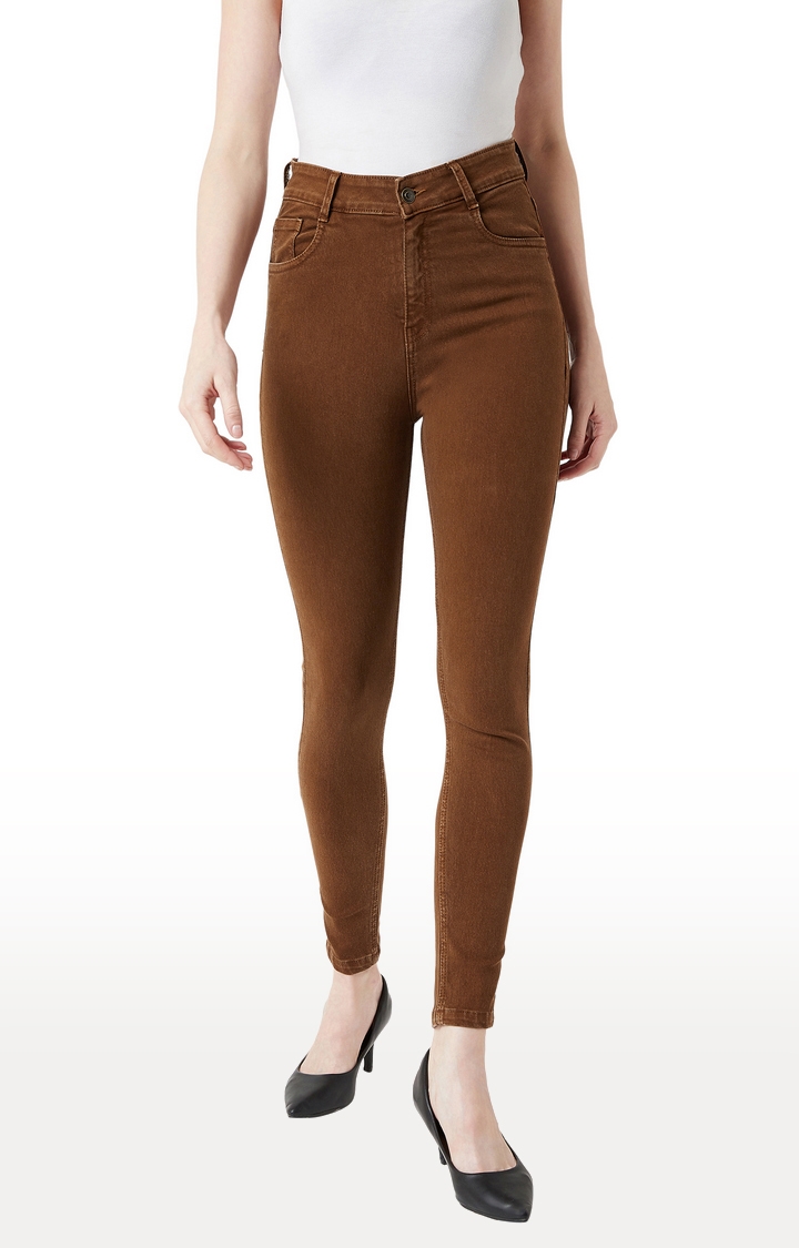 MISS CHASE | Brown Solid Tapered Jeans