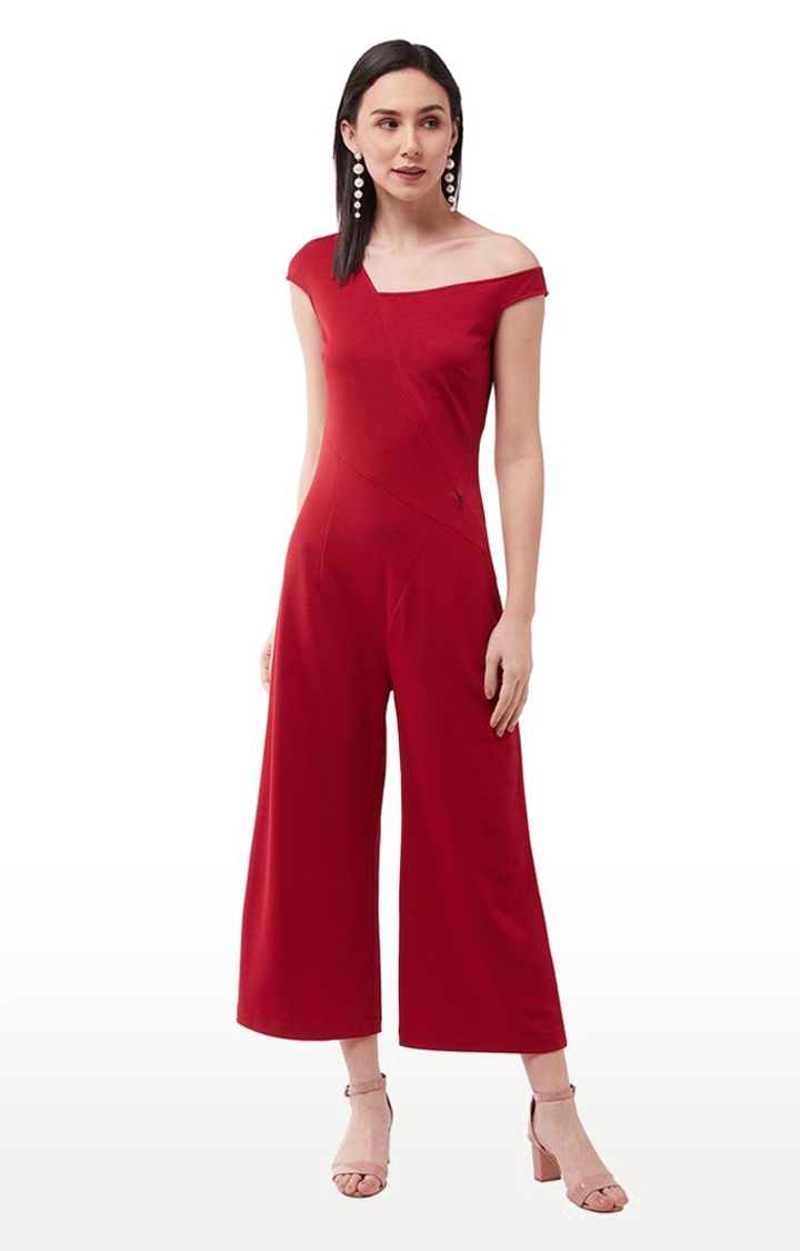 Women's Red Solid Slim Fit One-Shoulder Cap Sleeve Crop Length Asymmetrical Jumpsuit