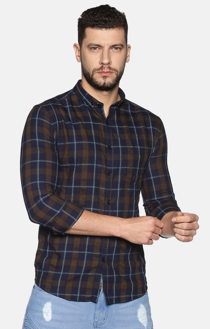 Showoff | Showoff Men's Cotton Casual Navy Blue Checked Slim Fit Shirt