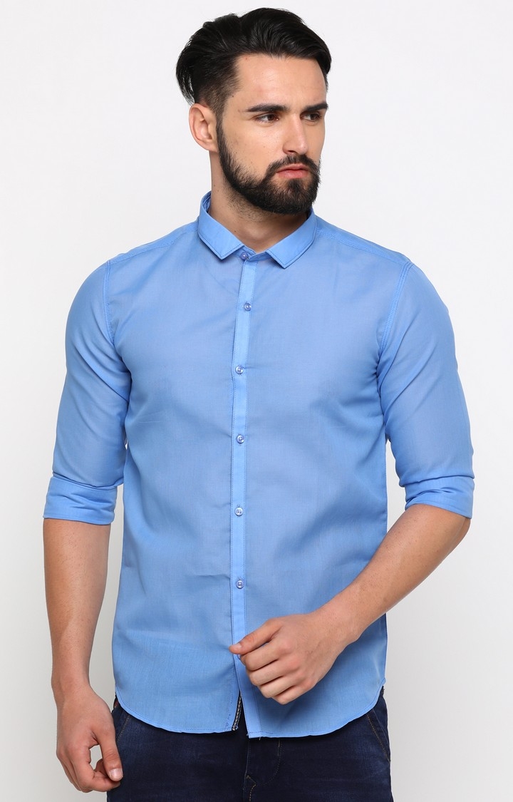 With | With Men's Blue Cotton Solid Slim Fit Shirt