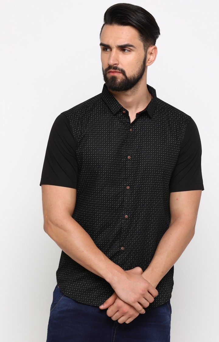 With | With Men's Black Cotton Printed Slim fit Shirt