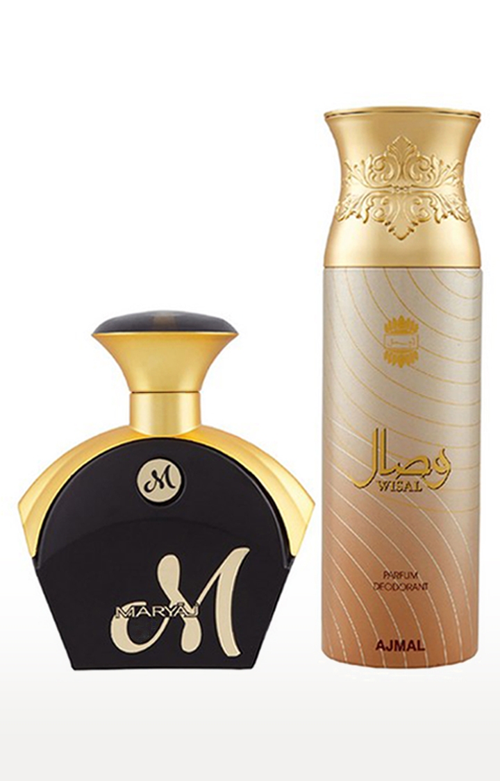 Maryaj M for Her Eau De Parfum Fruity Perfume 90ml for Women and Ajmal Wisal Deodorant Musky Fragrance 200ml for Women