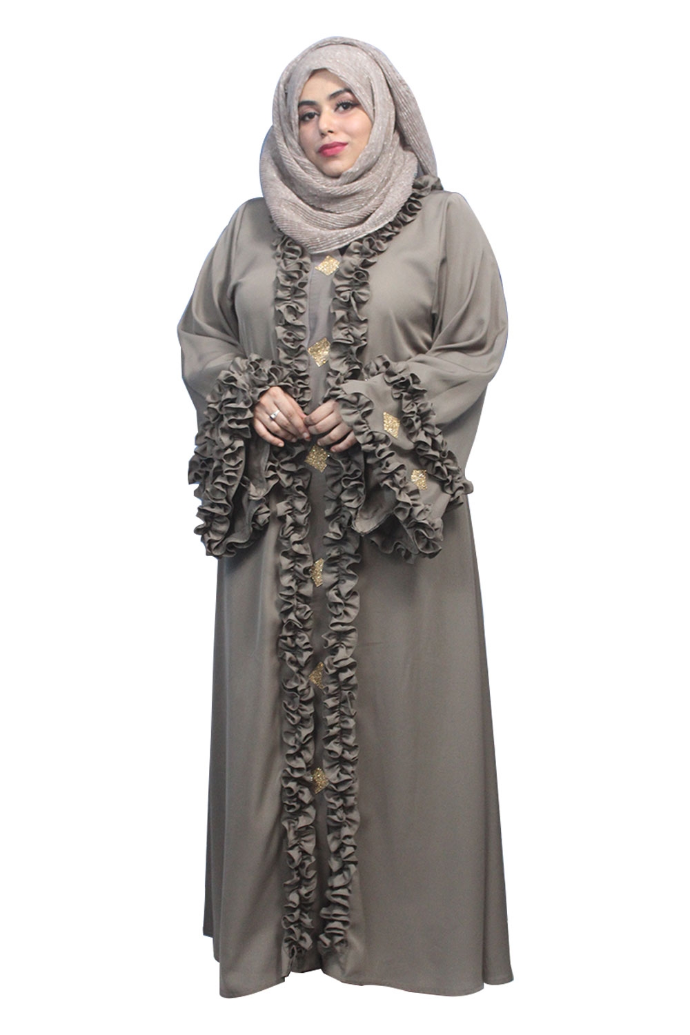 Malikah Hijab & Abaya | Ruffled Cement Grey Abaya