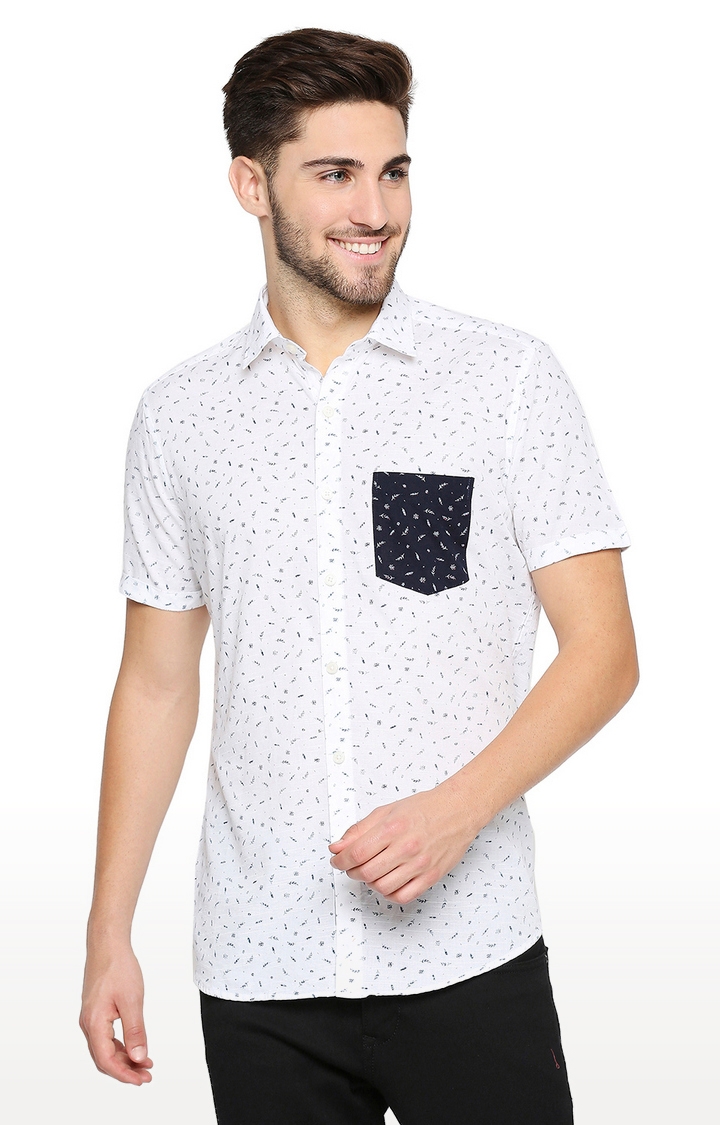EVOQ Half Sleeves Cotton White Printed Semi-Casual Shirt with Stylish Pocket for Men