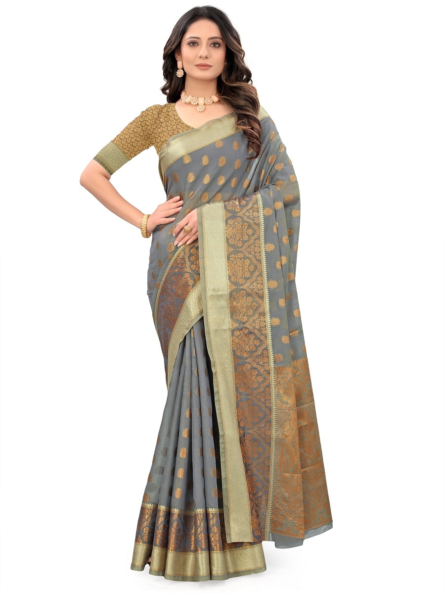 AWRIYA | AWRIYA Presents MINA grey colour saree with woven work on blended_cotton fabric zari_woven designer banarasi-sarees with Blouse piece