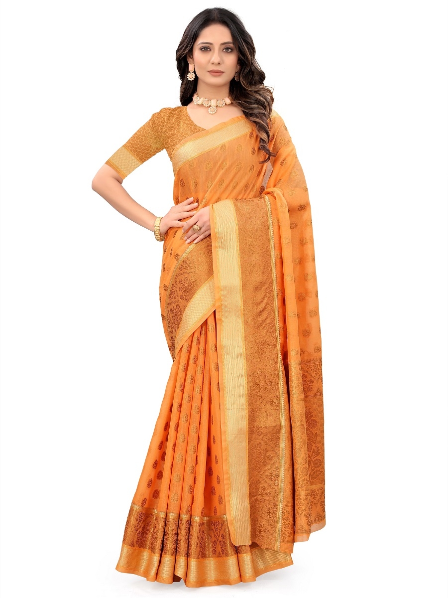 AWRIYA | AWRIYA Presents MINA orange colour saree with woven work on blended_cotton fabric zari_woven designer banarasi-sarees with Blouse piece