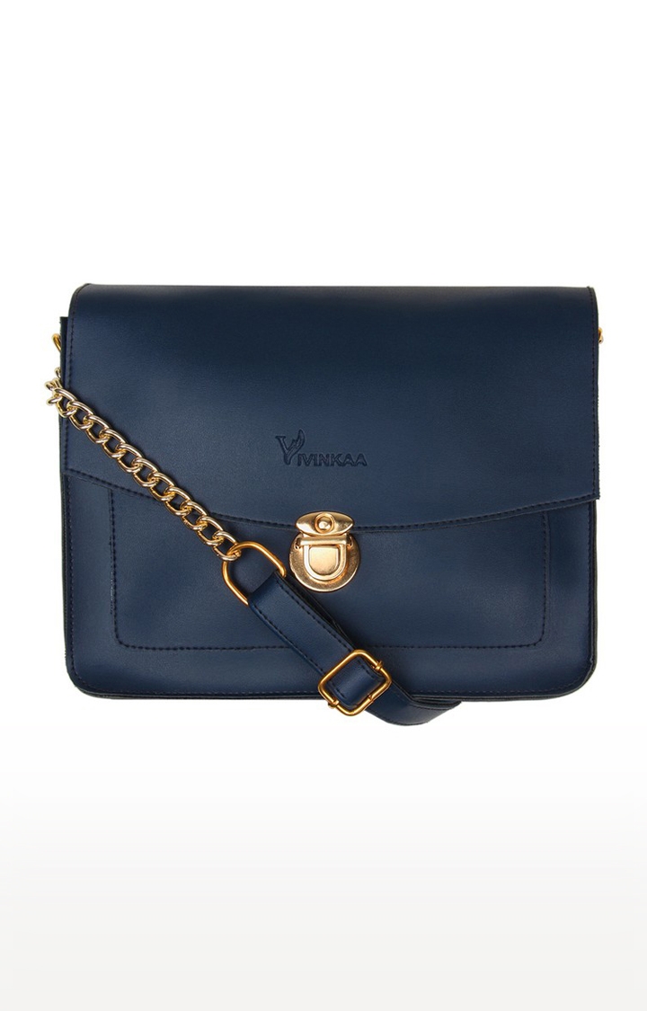 Vivinkaa Navy Blue Solid Faux Leather Mini Box Sling Bag