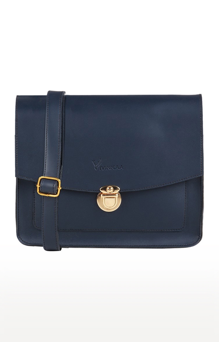 Vivinkaa Navy Blue Solid Faux Leather Mini Box Sling Bag