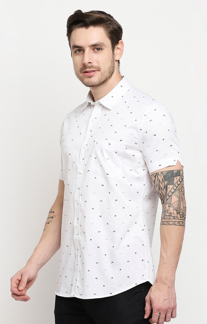 EVOQ | Evoq White Unique Bird Print Cotton Causal Half Sleeves Shirt for Men 3