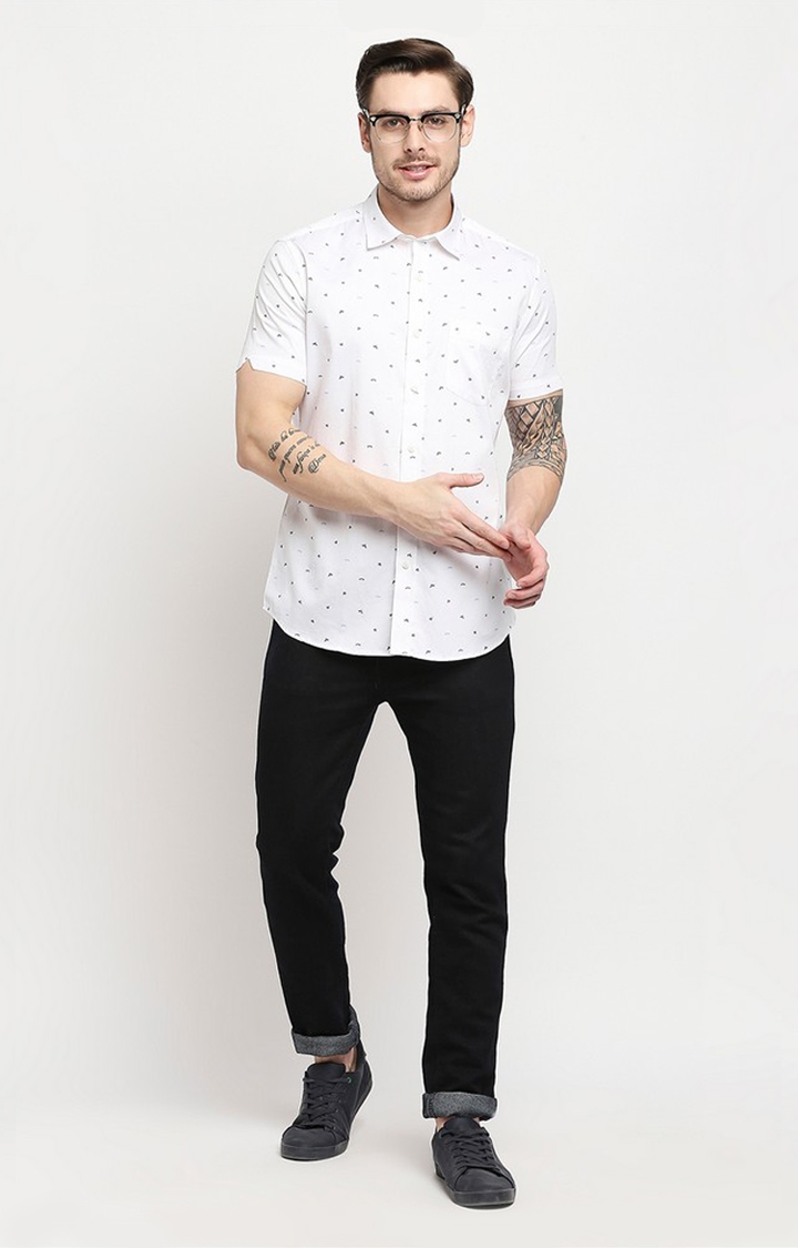 EVOQ | Evoq White Unique Bird Print Cotton Causal Half Sleeves Shirt for Men 1